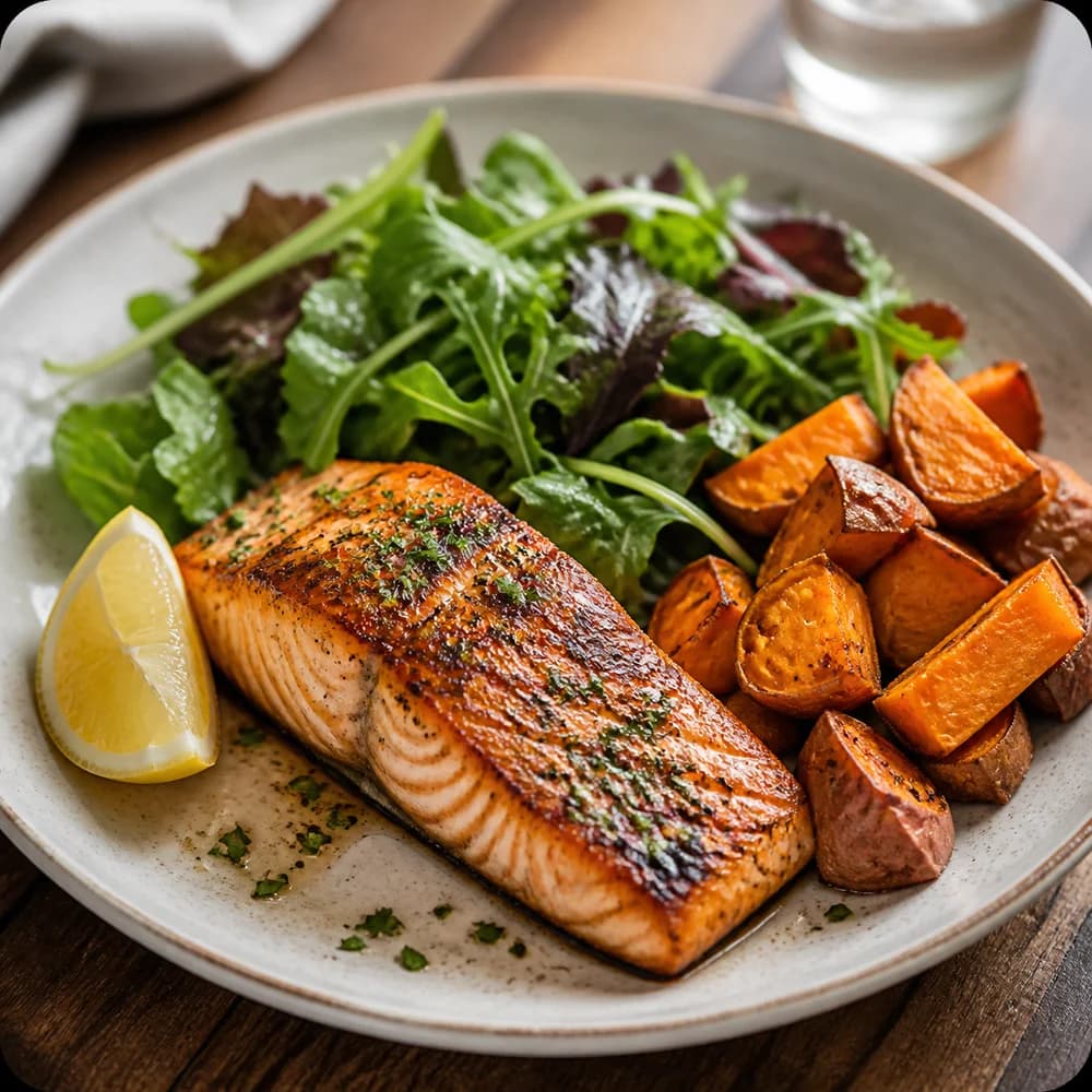 Grilled salmon with greens and sweet potato